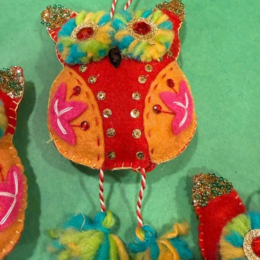 Pier 1 - Holiday Colorful Beaded 6.5 Owl Ornaments Christmas Tree Ornaments